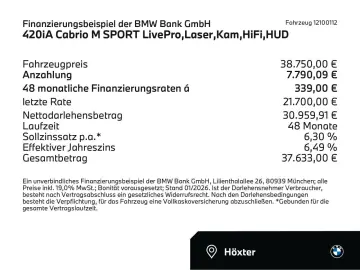 BMW 420iA Cabrio M SPORT LivePro Laser Kam HiFi HUD