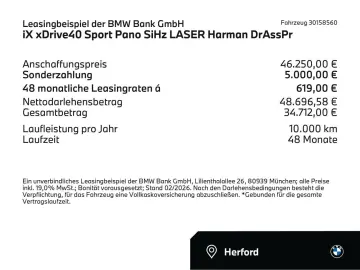BMW iX xDrive40 Sport Pano SiHz LASER Harman DrAssPr